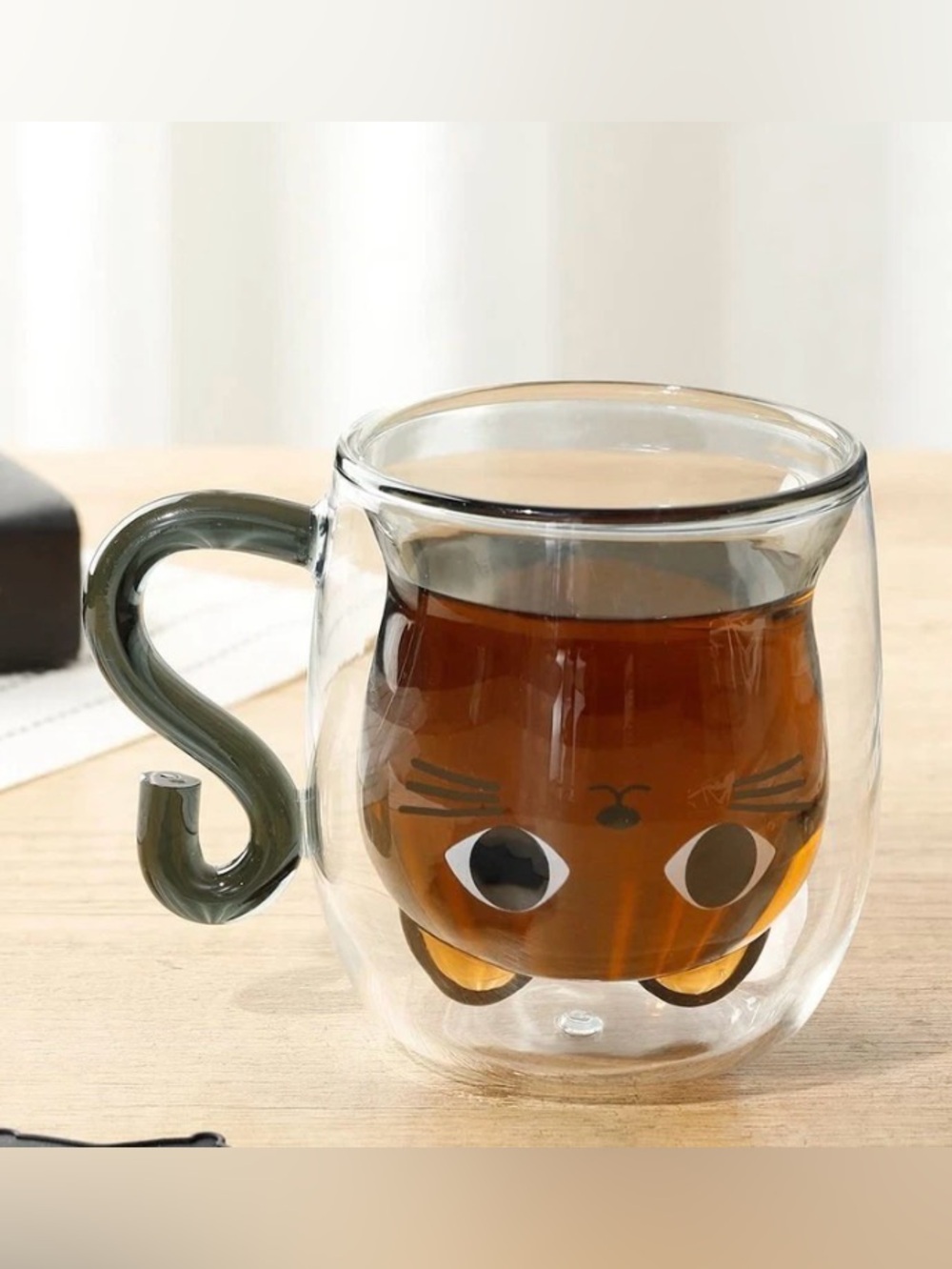 Gray Cat Double-Wall Glass Mug with Handle - Cute Animal Design